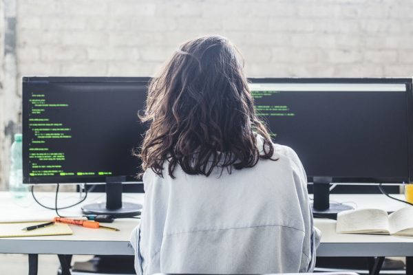 Une femme de dos devant deux écrans d'ordinateur - DSN