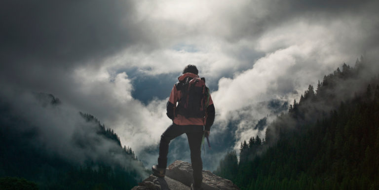 Un homme de dos portant un sac de randonnée et regardant les montagnes et la forêt - santé mentale