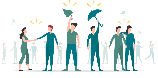 6 personnages habillés en turquoise se tenant la main ou tenant un parapluie