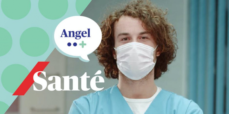 Un homme portant un masque et le logo Angel santé