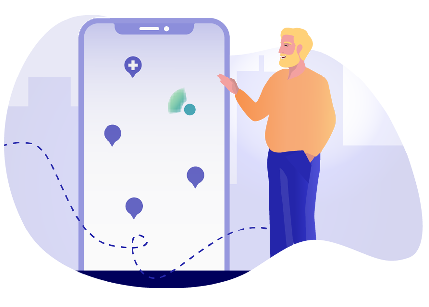 Un personnage masculin devant un téléphone indiquant les professionnels de santé partenaires les plus proches