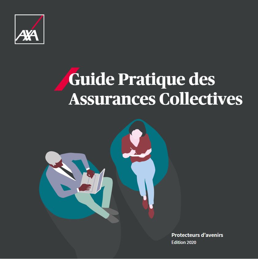 Guide pratique des Assurances Collectives 2020 - illustration de deux personnes discutant et travaillant sur un ordinateur