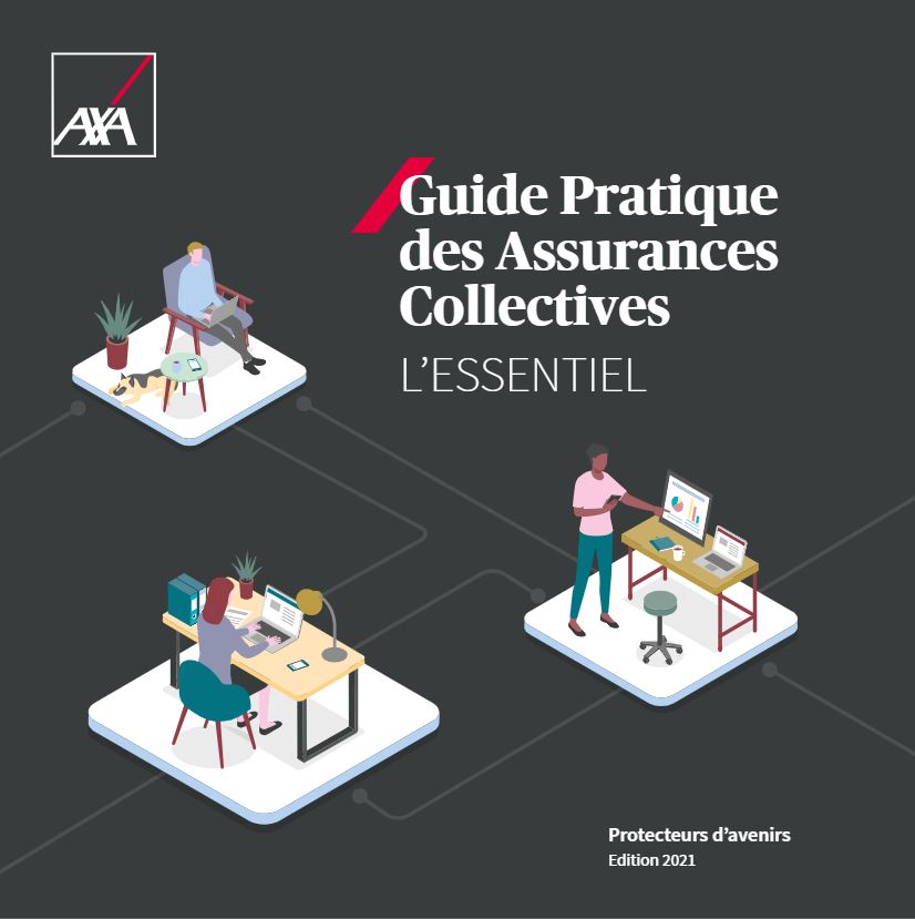 Guide pratique des Assurances Collectives 2021 - illustration de plusieurs scène mettant en scènes des salariés au bureau ou chez eux