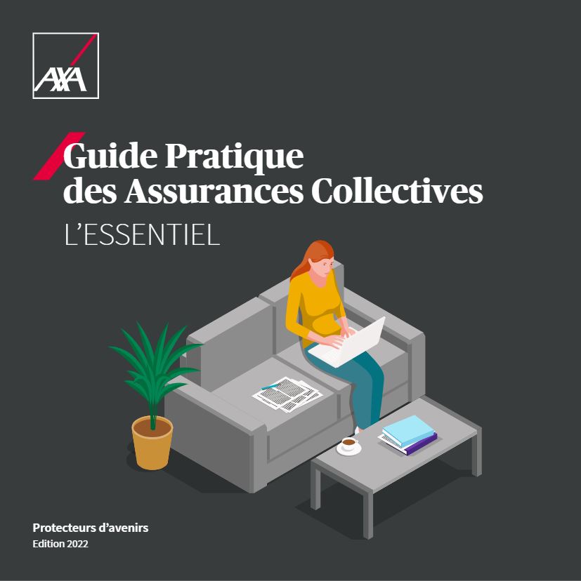 Guide pratique des Assurances Collectives l'essentiel 2022- illustration d'une femme assise sur son canapé avec son ordinateur sur les genoux