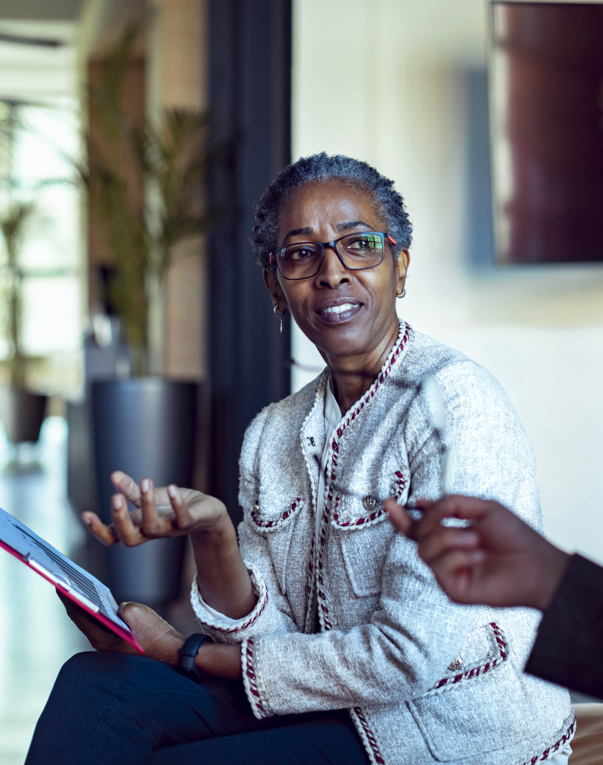 A woman at work talking