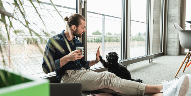 Un homme sur son lieu de travail check un petit chien noir