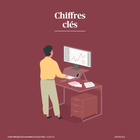 Couverture guide pratique édition 2023 chiffres clés - illustration d'un homme debout face à son bureau Couverture guide pratique édition 2023 chiffres clés - illustration d'un homme debout face à son bureau