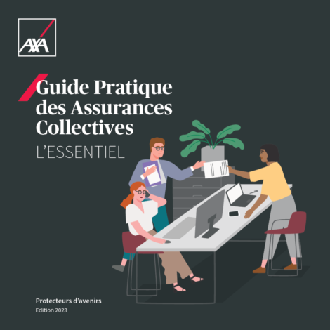 Guide pratique des Assurances Collectives l'essentiel 2023- illustration de trois personnes dans un open-space Couverture guide pratique edition 2023